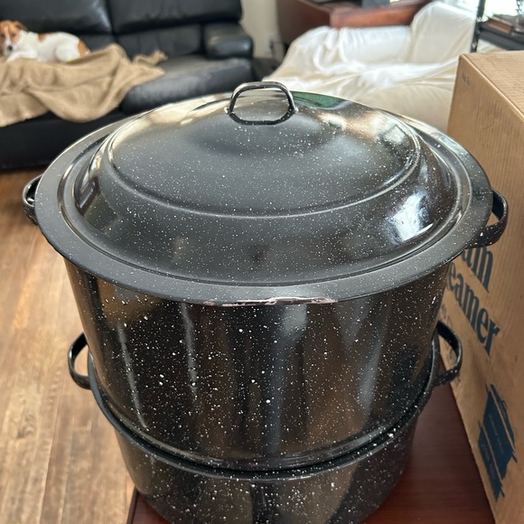 Vintage Graniteware three-piece porcelain on steel clam steamer holds 19 quarts - Picture 6 of 8